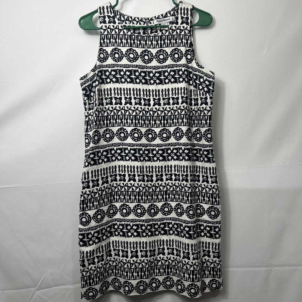 Tommy Bahama 100% Linen Dress Womens Small White/ Black Sheath Summer Travel
